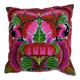 Baby Blue Double Birds of Paradise Hmong Embroidered Pillow For Sale