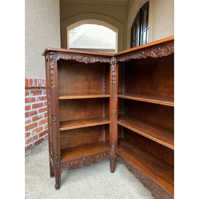 Antique French Corner Bookcase Carved Oak Louis XV Revival Open Shelves C1920 For Sale In Dallas - Image 6 of 18