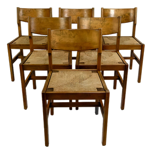 Brutalist Elm Chairs with Straw Seats from Maison Regain, 1960, Set of 6