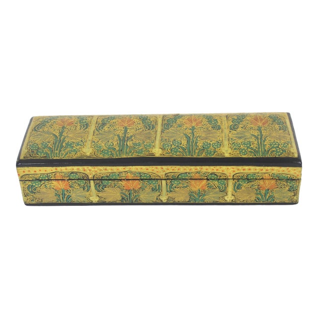 Vintage Kashmir Papier Maché Trinket Box, Hand Painted 22ct Gold Lacquered Jewelry Storage For Sale