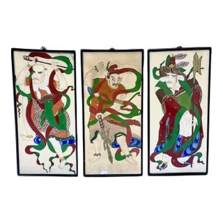 Three Chinese Ancient Warriors Painted Panels For Sale