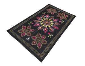 1980s Traditional Floral Medallion Suzani Bedspread With Black Background