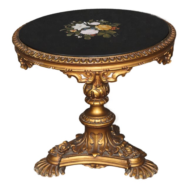 Antique Italian Pietra Dura Florentine Table With Ornate Carved Gilt Base For Sale