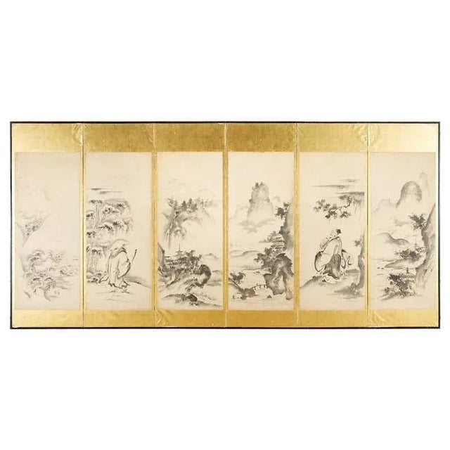 Japanese Edo Six-Panel Haboku Landscapes of Seasons For Sale - Image 13 of 13