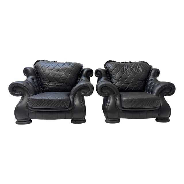 Set of Large Mid-Century Modern Chesterfield Style Lounge Chairs, 1980s, Set of 2 For Sale