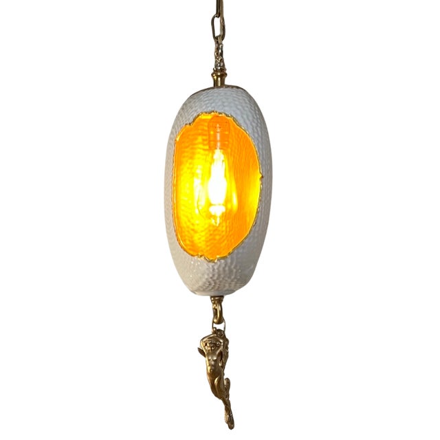 Antique Abstract Egg Shaped Shade With Sculptural Dragon Goddess Finial Pendant Light For Sale - Image 10 of 18