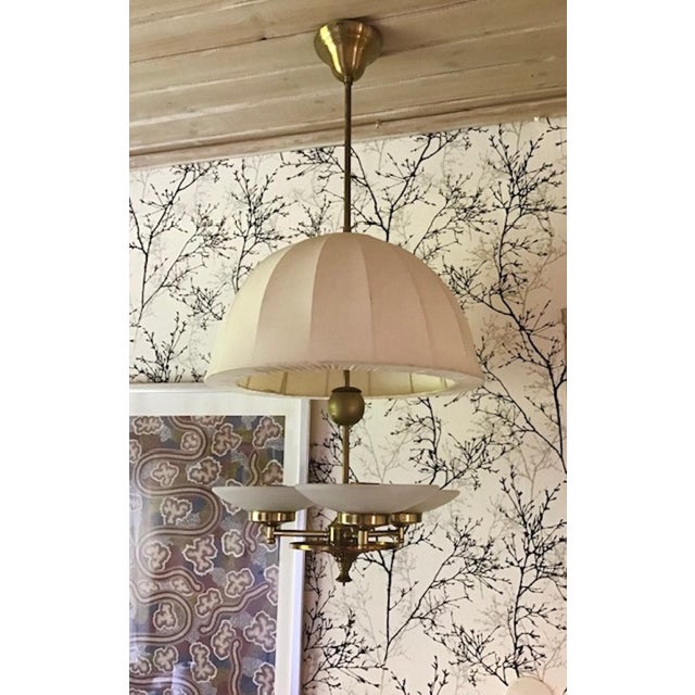 Mid-Century Modern Swedish Modern Ceiling Lamp in Brass and Linen, 1950s For Sale - Image 3 of 11