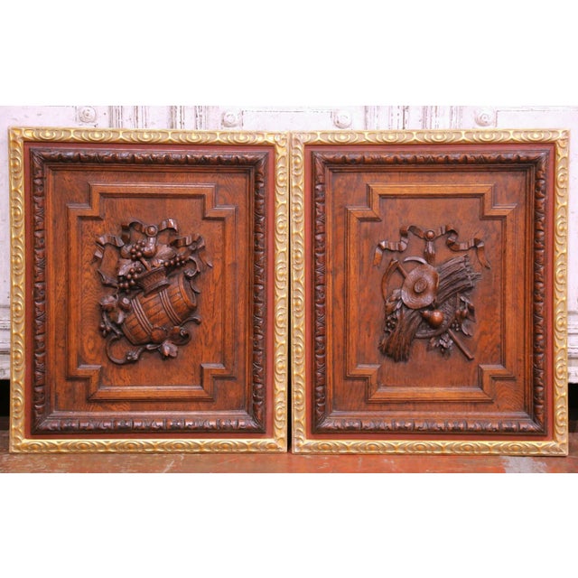 Late 19th Century Pair of 19th Century French Carved Oak Wall Harvest Panels in Gilt Frames For Sale - Image 5 of 11