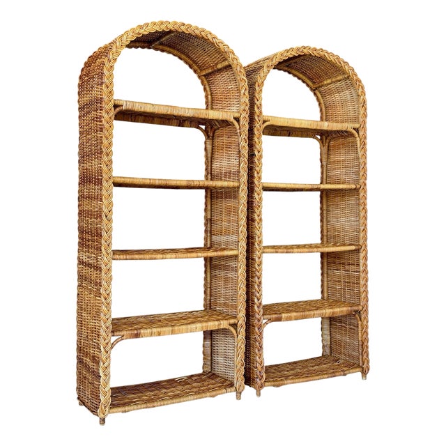 Pair of Vintage Organic Modern Rattan Etagere Shelves With Braided Arch Detail For Sale