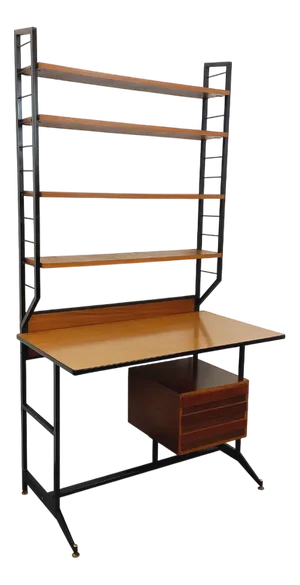 Italian Modernist Desk with Integrated Modular String Shelf Bookcase in Teak, Metal and Melamine, 1960s