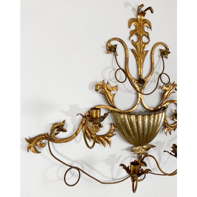 Vintage Italian Gilt Tole Metal Four Candle Wall Sconce W Wall Pocket For Sale In Kansas City - Image 6 of 7