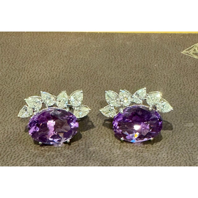 22 Ct Natural Amethyst & 3.60 Ct Pear shape Diamond Stud Earrings, 14KWG, A Pair For Sale - Image 11 of 18