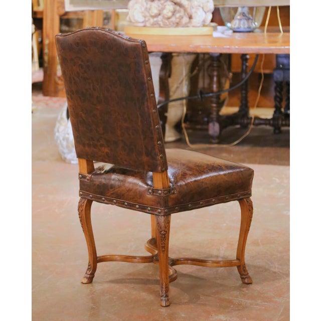 Brown 19th Century French Louis XV Walnut Desk Chair With Embossed Leather For Sale - Image 8 of 9