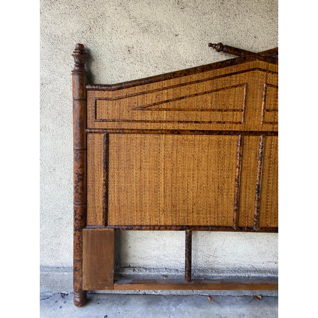 British Colonial style faux tortoise finish bamboo and grasscloth queen size bed frame with posts. 67” Width 52” Height...