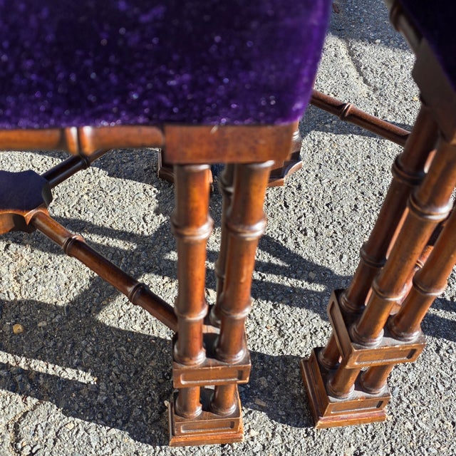 Traditional Pair of English Aesthetic Movement Walnut X-Frame Stools With Turned Legs and Purple Velvet Upholstery, Late 19th Century For Sale - Image 3 of 7