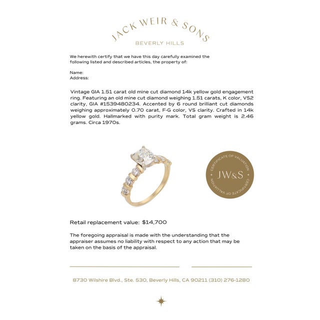 Gold Vintage Gia 1.51 Carat Old Mine Cut Diamond 14k Yellow Gold Engagement Ring, Size 6.25 For Sale - Image 8 of 8