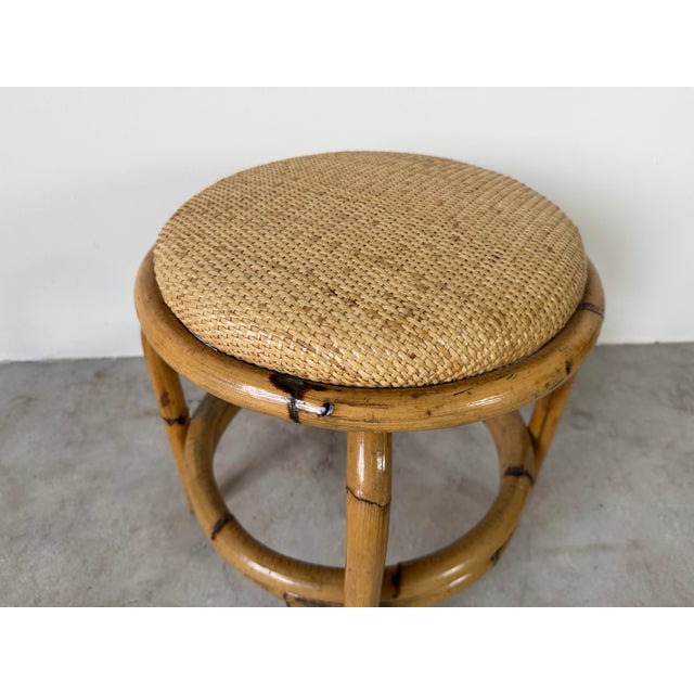 Wood Vintage Coastal Bamboo & Woven Wicker Round Ottoman For Sale - Image 7 of 12