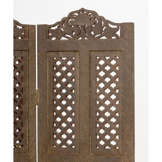 Early 20th Century Syrian Palm Tree Motif Four Panel Brass Clad Screen For Sale - Image 5 of 10