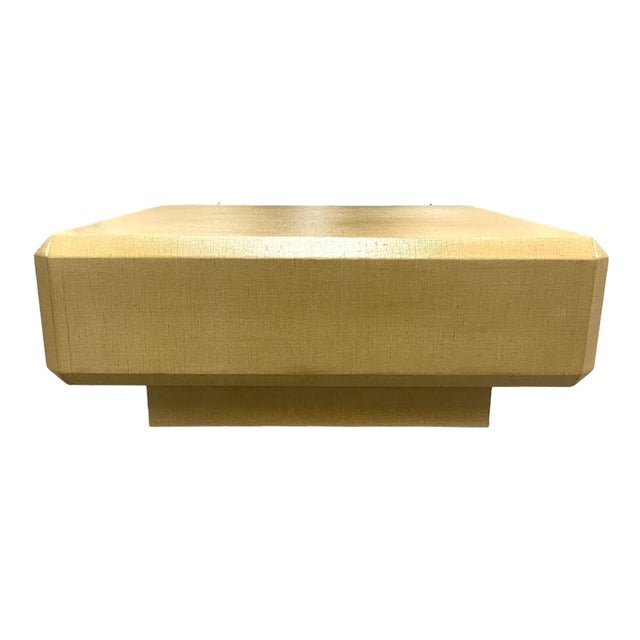 Mid-Century Modern Karl Springer Attrib Linen Wrapped Coffee Table on Plinth For Sale - Image 3 of 9