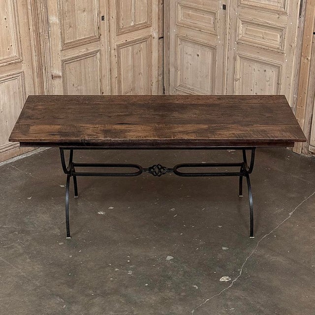 Country French Hand Forged Iron Dining Table With Antique Oak Top For Sale - Image 16 of 18