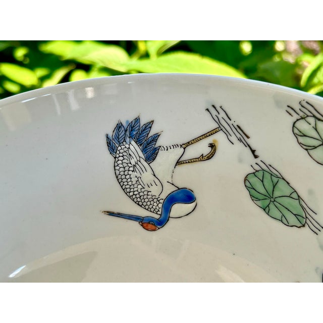 Vintage Chinese Bowl W/ Hand Painted Lotus Flowers & Cranes For Sale - Image 9 of 12