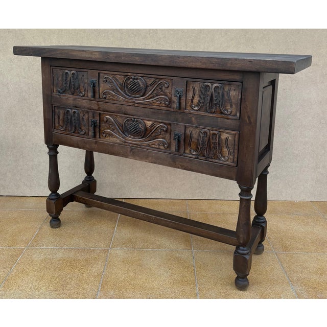 Traditional Spanish Hand Carved Console With Two Drawers, 1930s For Sale - Image 3 of 10