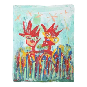 1999 “Together at Last” Neo Expressionist Folk Art Painting on Mixed Media by Julie Hermoso