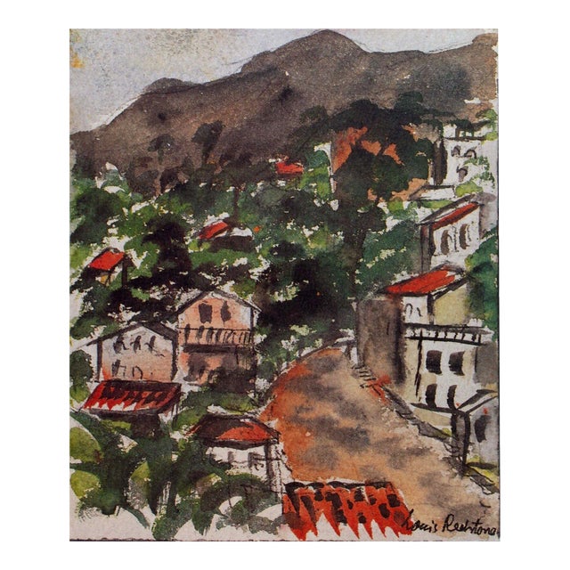 Vintage Signed European Mountain Village Landscape Watercolor Painting by Louis Redstone For Sale