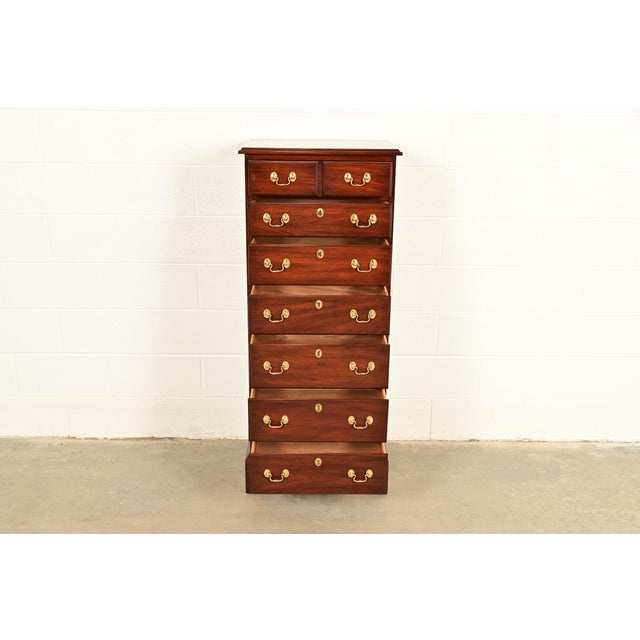 1980s Henkel Harris Chippendale Carved Solid Mahogany Lingerie Chest or Highboy Dresser For Sale - Image 5 of 14