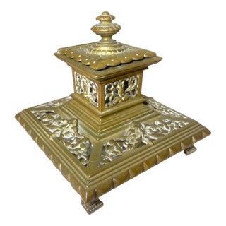 Antique Ornate 19th Century Victorian Gilt Bronze Brass Desk Inkwell Stand For Sale