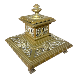 Antique Ornate 19th Century Victorian Gilt Bronze Brass Desk Inkwell Stand