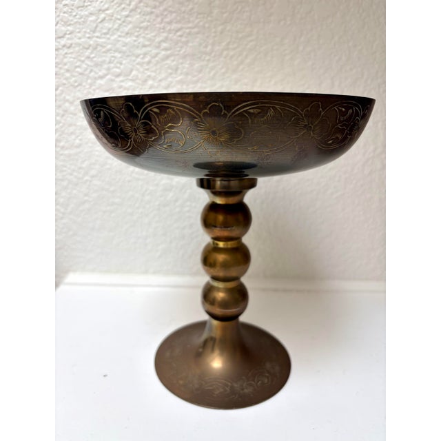 Rustic European Vintage Etched French Floral Brass Pedestal Bowl For Sale - Image 3 of 11