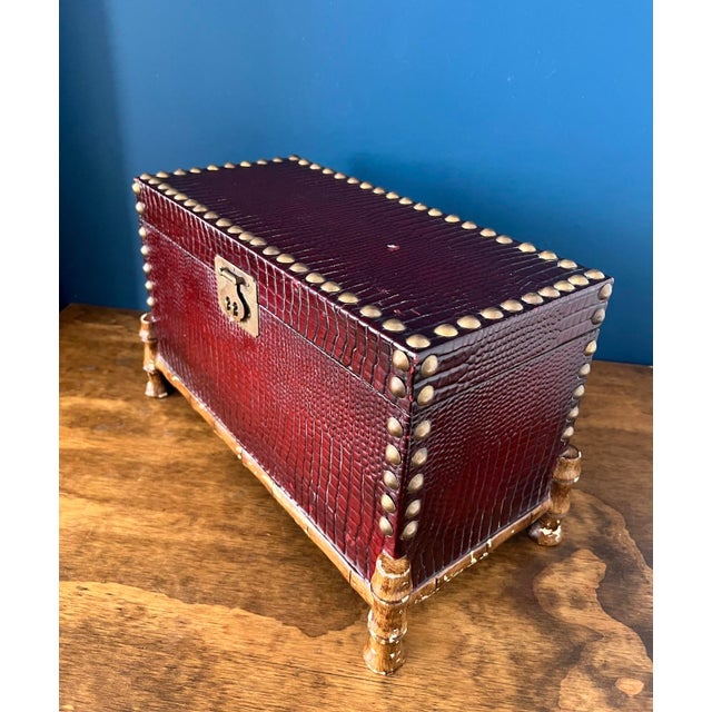 Mid-Century Modern Vintage Faux Crocodile Trunk Box, Brass Studded With Bamboo-Style Feet, 1970s For Sale - Image 3 of 17