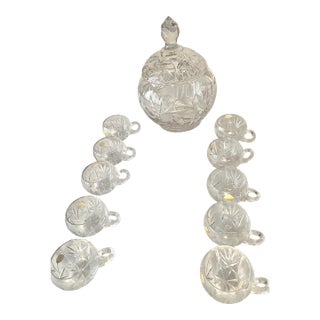 Mid 20th Century Crystal Hand Cut German Covered Punch Bowl With 10 Crystal Cups Excellent Condition For Sale