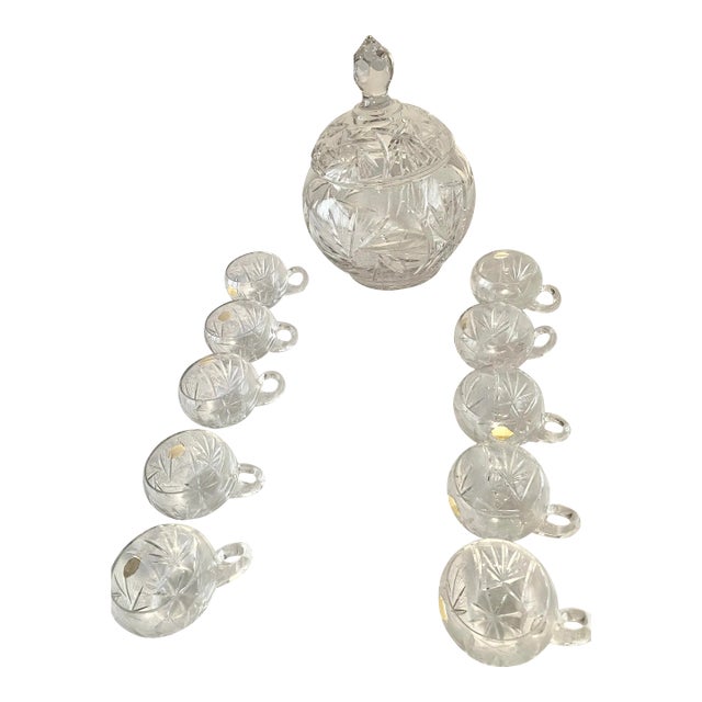 Mid 20th Century Crystal Hand Cut German Covered Punch Bowl With 10 Crystal Cups Excellent Mint Condition For Sale