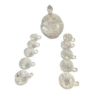 Mid 20th Century Crystal Hand Cut German Covered Punch Bowl With 10 Crystal Cups Excellent Mint Condition