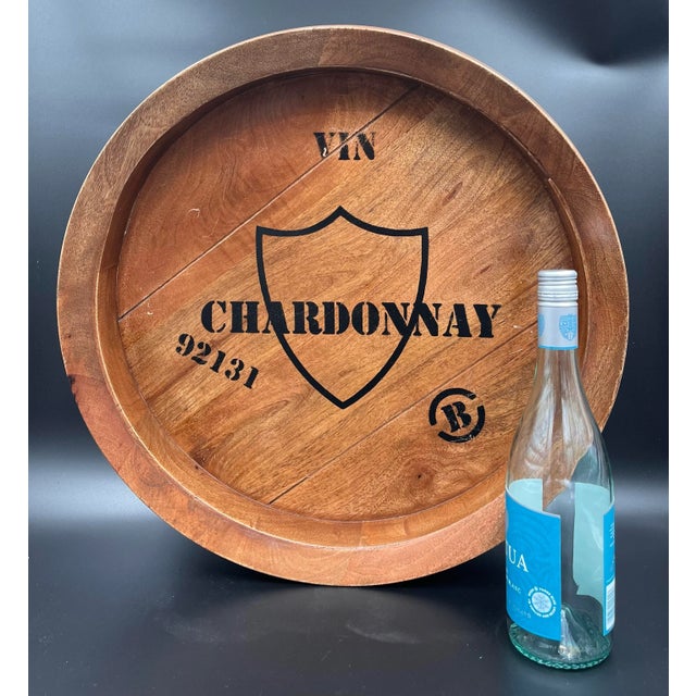 This discontinued Ballard Designs Wine Barrel plaque is stenciled with 'chardonnay' and a crest and has routed plank...