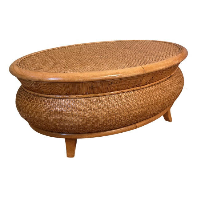 Vintage Philippine Bamboo and Handwoven Rattan Oval Coffee Table For Sale