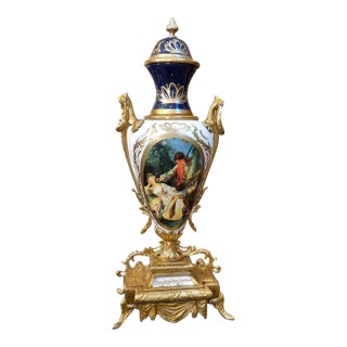 1980s French White Porcelain Vase With Romantic Scene & Gold Gilt Bronze Mounts For Sale