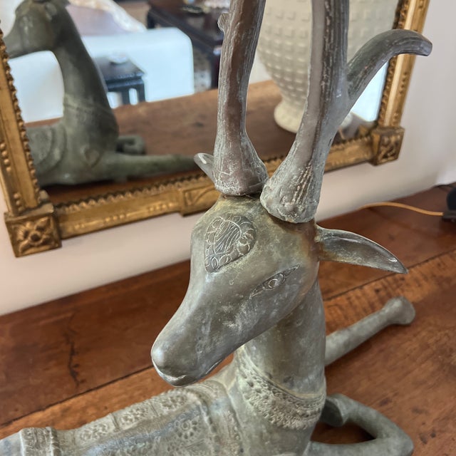 Metal Vintage Patinated Brass Recumbent Deer Statue For Sale - Image 7 of 9
