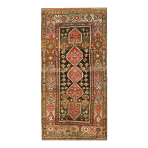 1930s Brown Medallion Antique W. Persian Kurdish Rug 4'2" X 8'6" Handknotted Wool Carpet