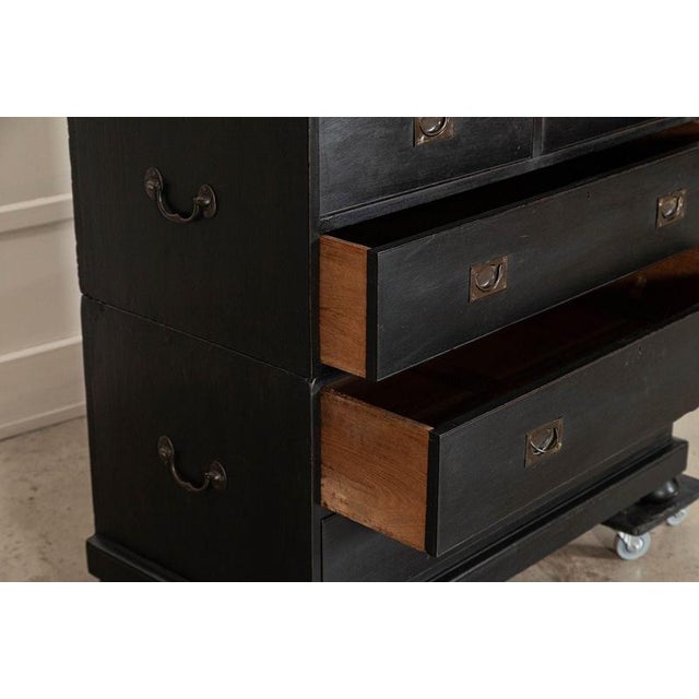 Large 19th Century English Ebonised Teak Campaign Chest Drawers, 1880 For Sale - Image 9 of 16
