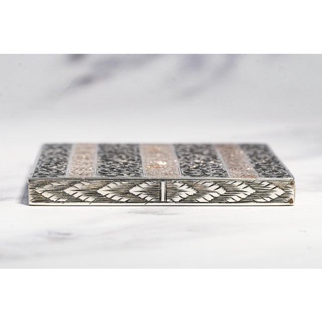 Exceptional Luxury Italian Hand Engraved Ornate Antique Cigarette Case Holder 800 Silver 18k Gold Inlay Tobacciana Collectible For Sale - Image 16 of 17