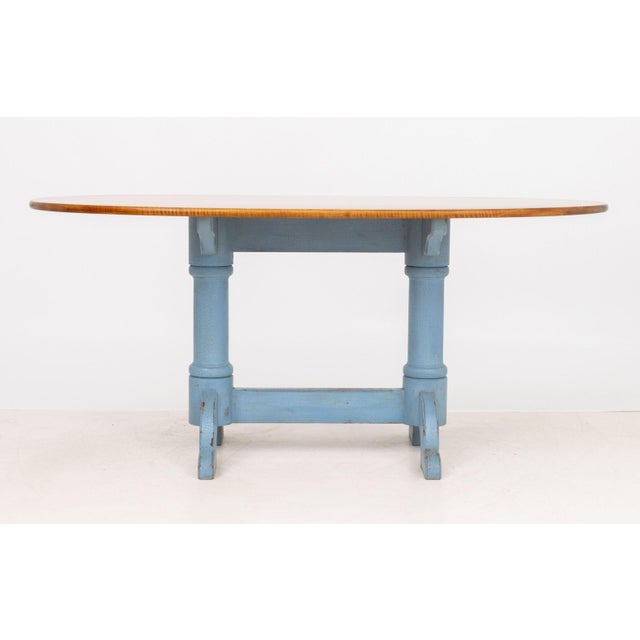 Wood Tiger Maple Top Blue Painted Dining Table For Sale - Image 7 of 8