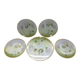 Antique Schwarzburg Germany Water Lilly Design Porcelain Master Cake Plate & Plates Set- 5 Pieces For Sale