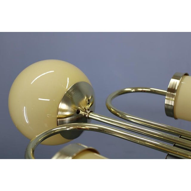 Metal Czech Art Deco Brass Chandelier with Globe and Opaline Shades, 1930s For Sale - Image 7 of 18