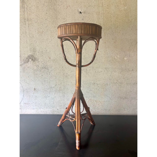 Franco Albini Vintage Coastal Handcrafted Bamboo & Cane Pedestal Plant Stand For Sale - Image 4 of 6