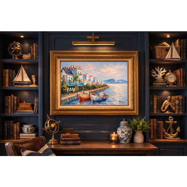 Mediterranean Vintage Mediterranean Harbor Painting With Fishing Boats in Ornate Gold Frame, Signed W. Amiol For Sale - Image 3 of 4