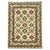 An ivory field displays repeating Kazak-style medallions in burgundy, soft blue, sage green, and gold. Layered patterned...