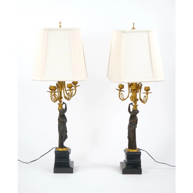 Antique French Napoleon III Gilt Bronze / Marble Candelabra Lamps For Sale - Image 4 of 12